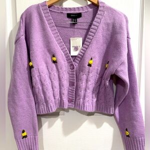 Forever 21 Plus Purple Cardigan Sweater Crochet Floral Accents NWT Cottagecore